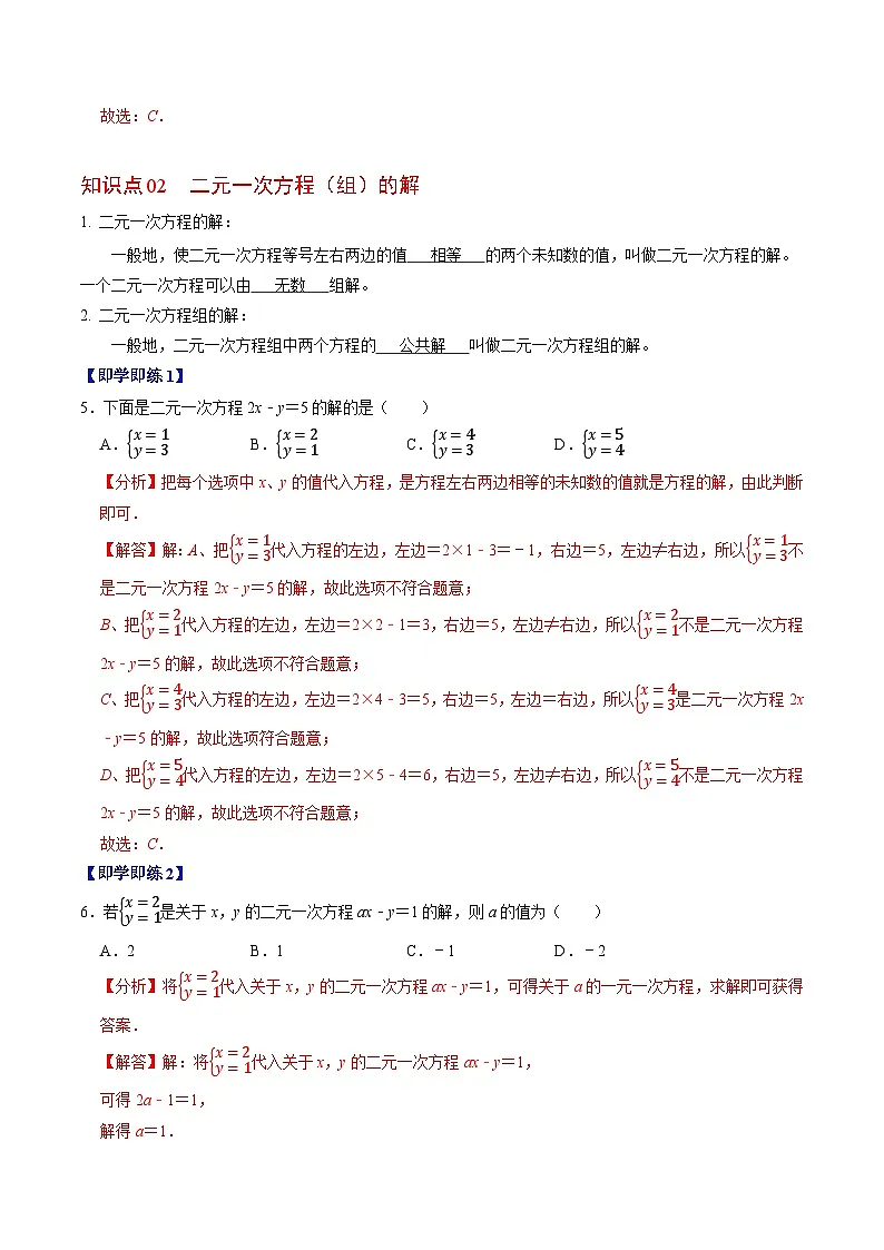 10.1 二元一次方程组的概念 - 知识点梳理+练习（含答案解析）第3页