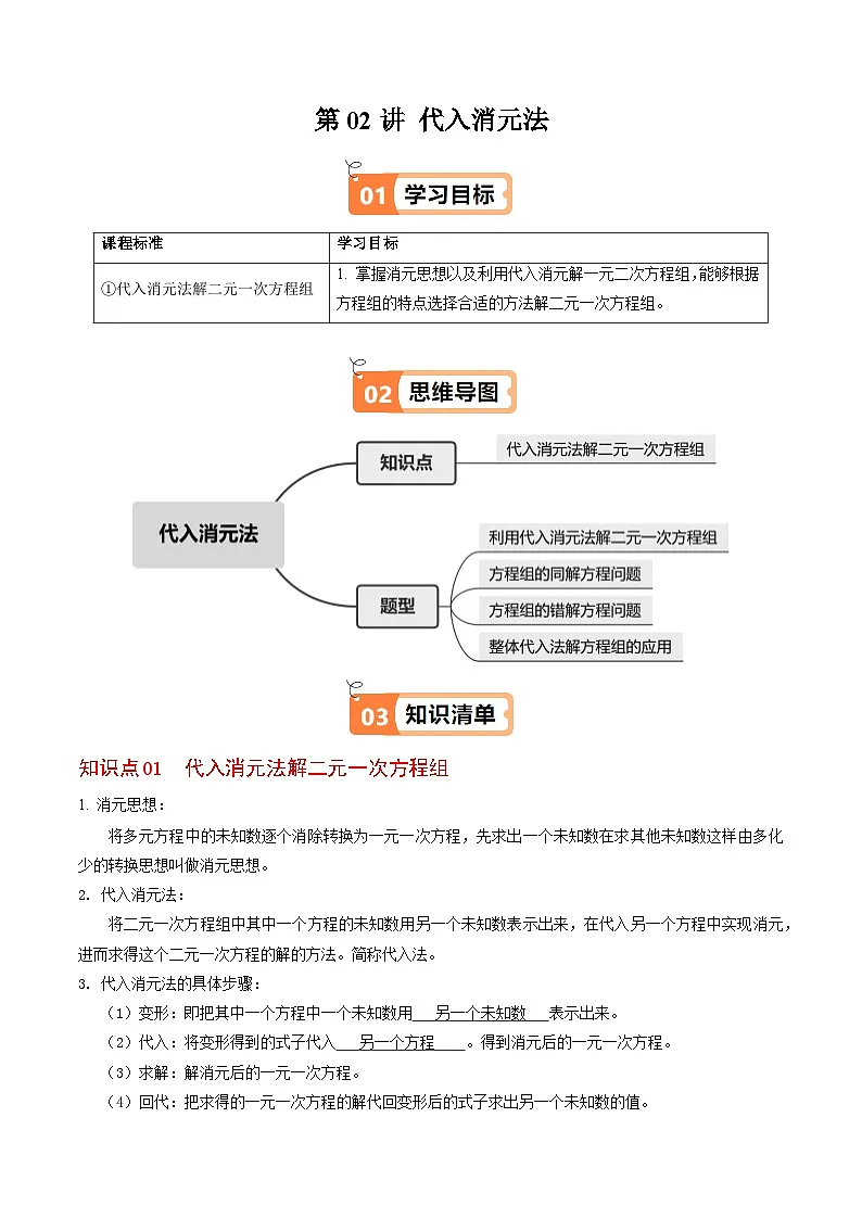 10.2.1 代入消元法 - 知识点梳理+练习（含答案解析）第1页