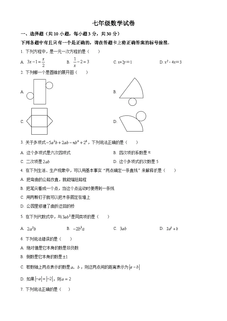 湖北省武汉市东湖新技术开发区2024-2025学年七年级上学期期末数学试卷 （原卷版+解析版）第1页