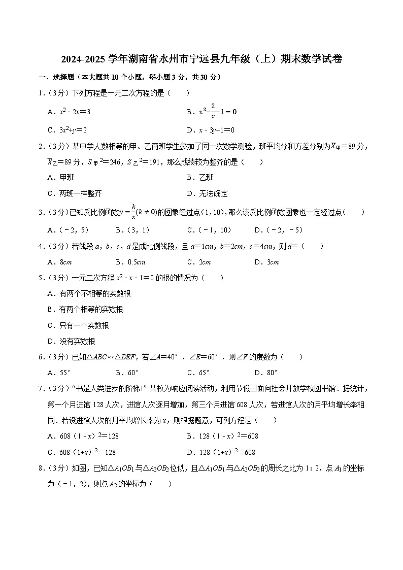 2024-2025学年湖南省永州市宁远县九年级（上）期末数学试卷第1页