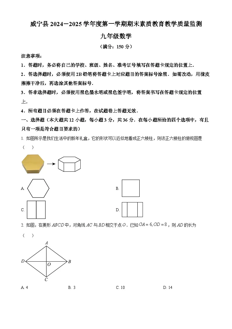贵州省毕节市威宁县2024-2025学年上学期期末素质教育教学质量监测 九年级数学（原卷版+解析版）第1页
