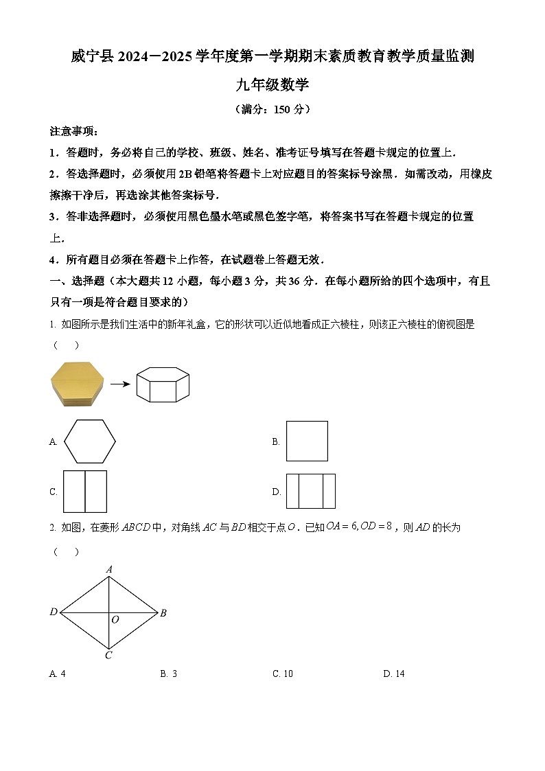 贵州省毕节市威宁县2024-2025学年上学期期末素质教育教学质量监测 九年级数学（原卷版+解析版）第1页