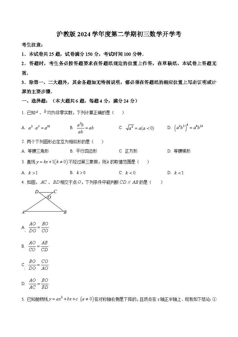 上海市2024--2025学年九年级下学期数学开学考试卷（原卷版+解析版）第1页