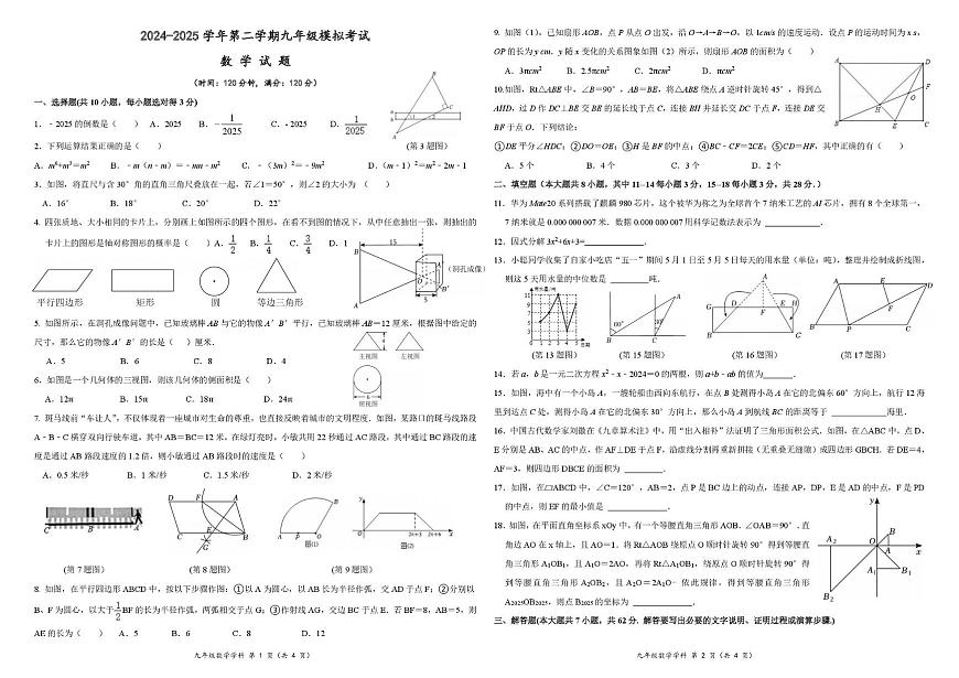 2025年山东东营下学期九年级模拟一模数学试题第1页
