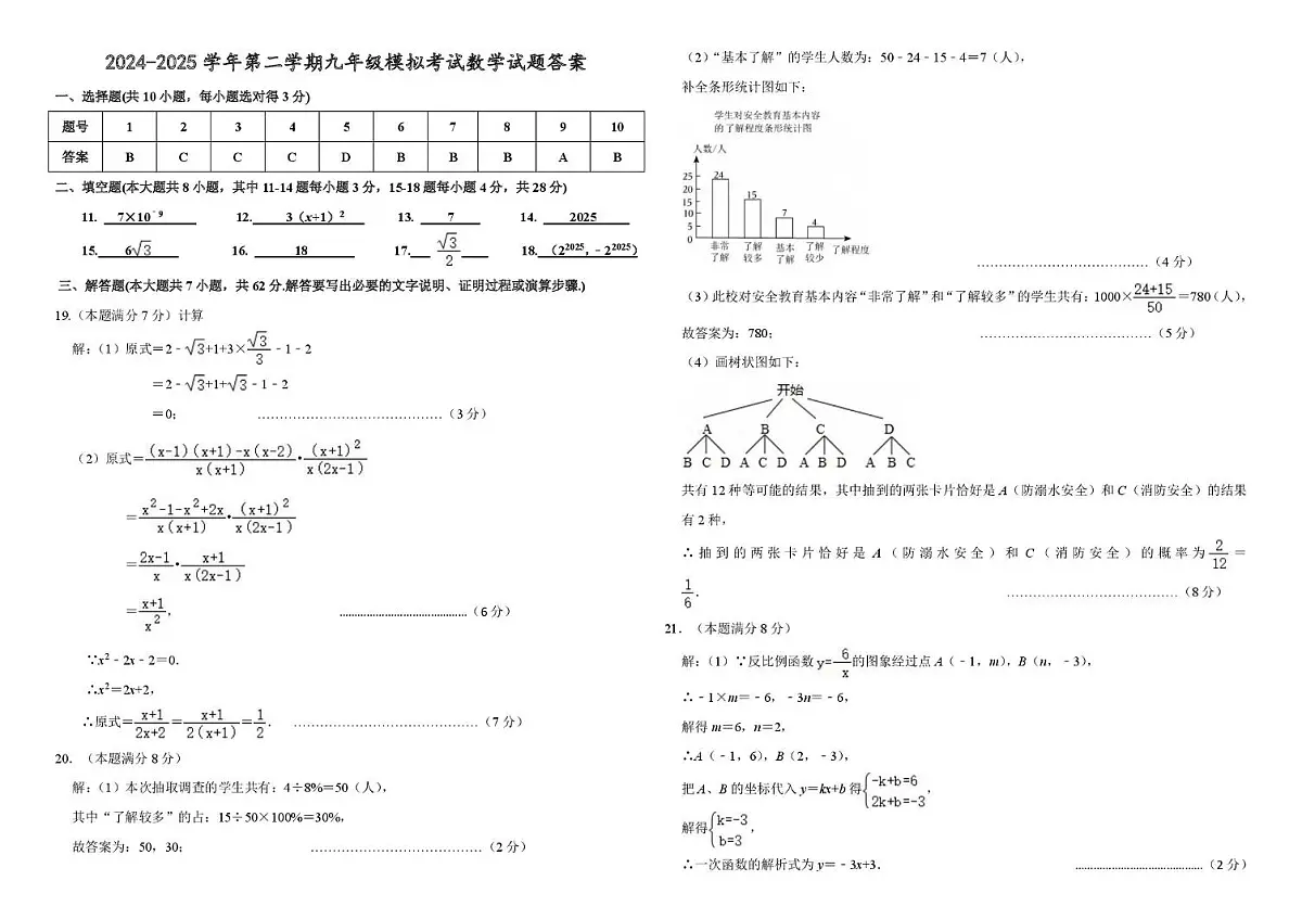 2025年山东东营下学期九年级模拟一模数学答案第1页