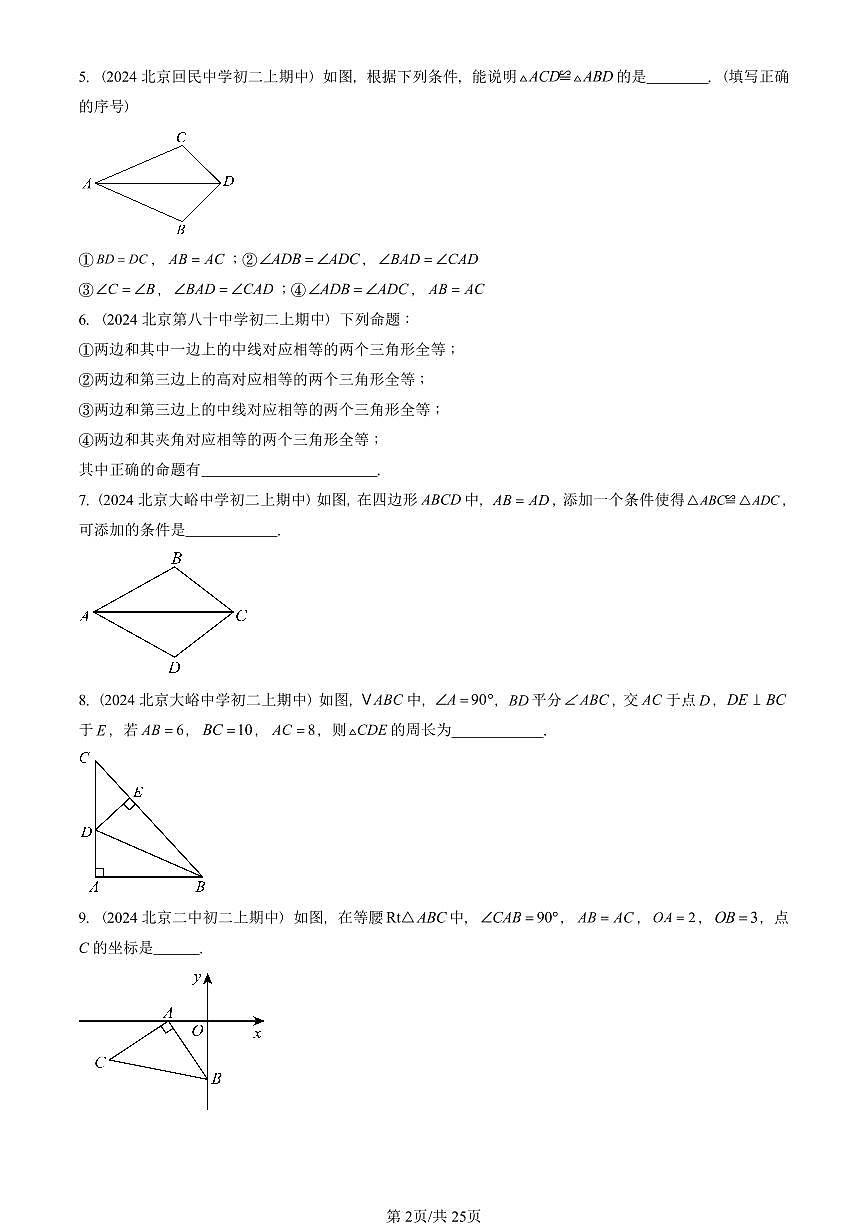 2024北京重点校初二（上）期中真题数学汇编：三角形全等的判定（填空题）第2页