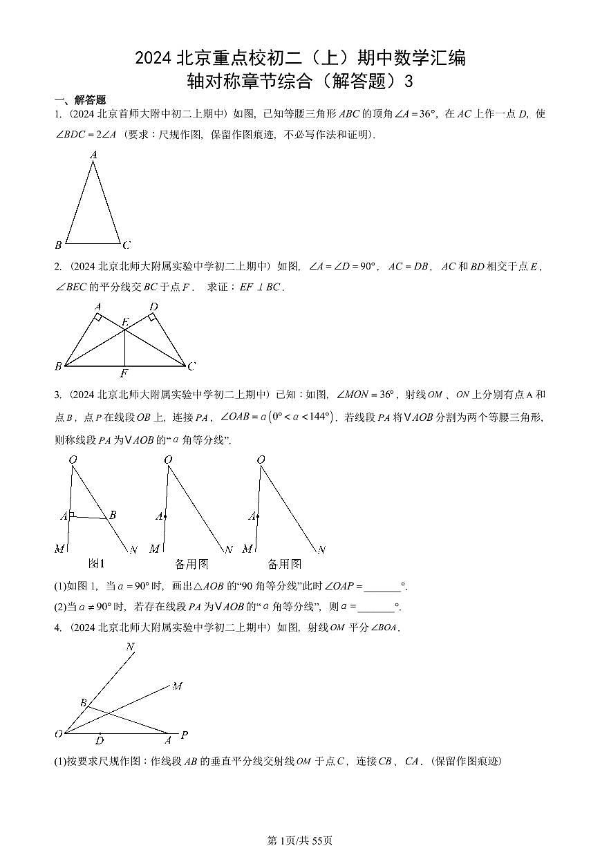 2024北京重点校初二（上）期中真题数学汇编：轴对称章节综合（解答题）3第1页