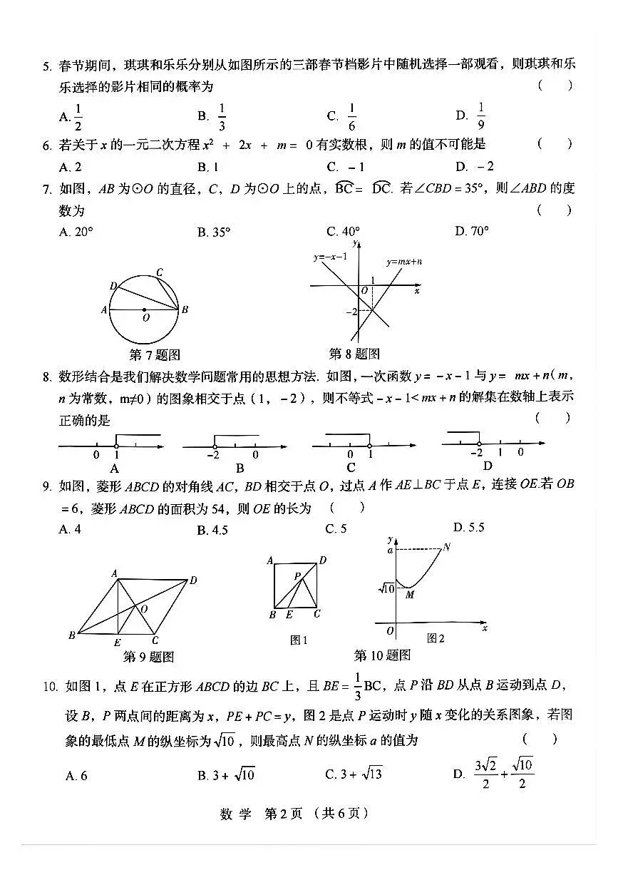 郑州外国语2025年九年级中招一模数学试题及参考答案第2页