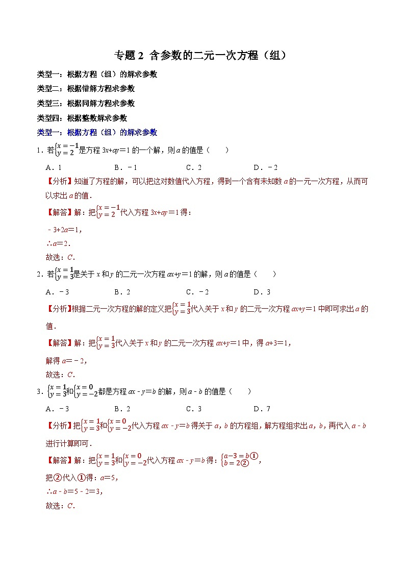 专题2  含有参数的二元一次方程（组）（含答案解析）第1页