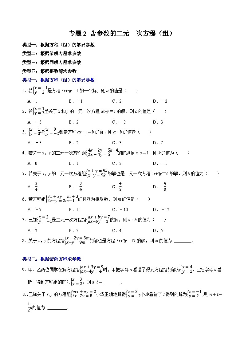专题2  含有参数的二元一次方程（组）第1页