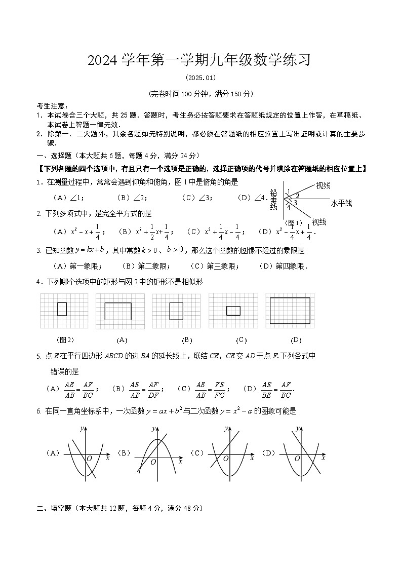 【2025年上海九年级数学一模】2025届上海市奉贤区九年级数学一模试卷与答案第1页