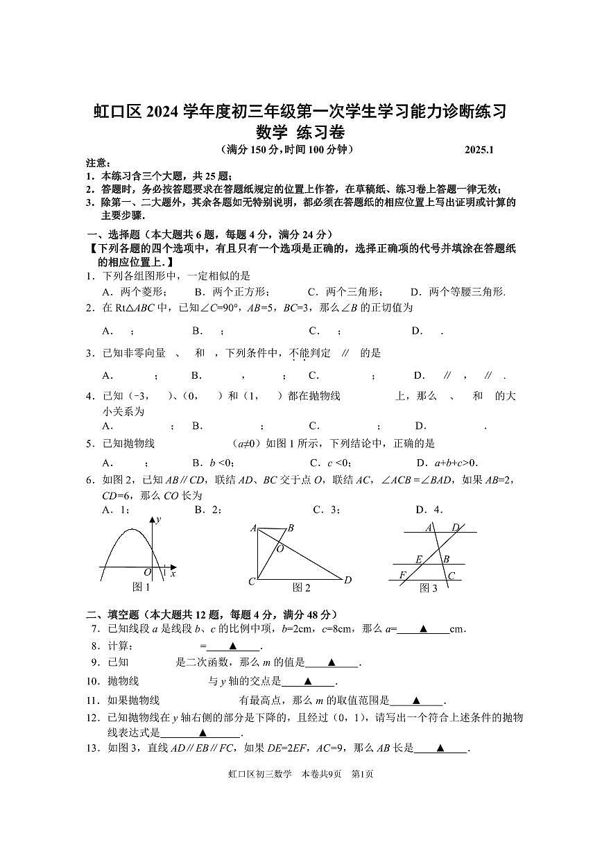 【2025年上海九年级数学一模】2025届上海市虹口区九年级数学一模试卷与答案第1页