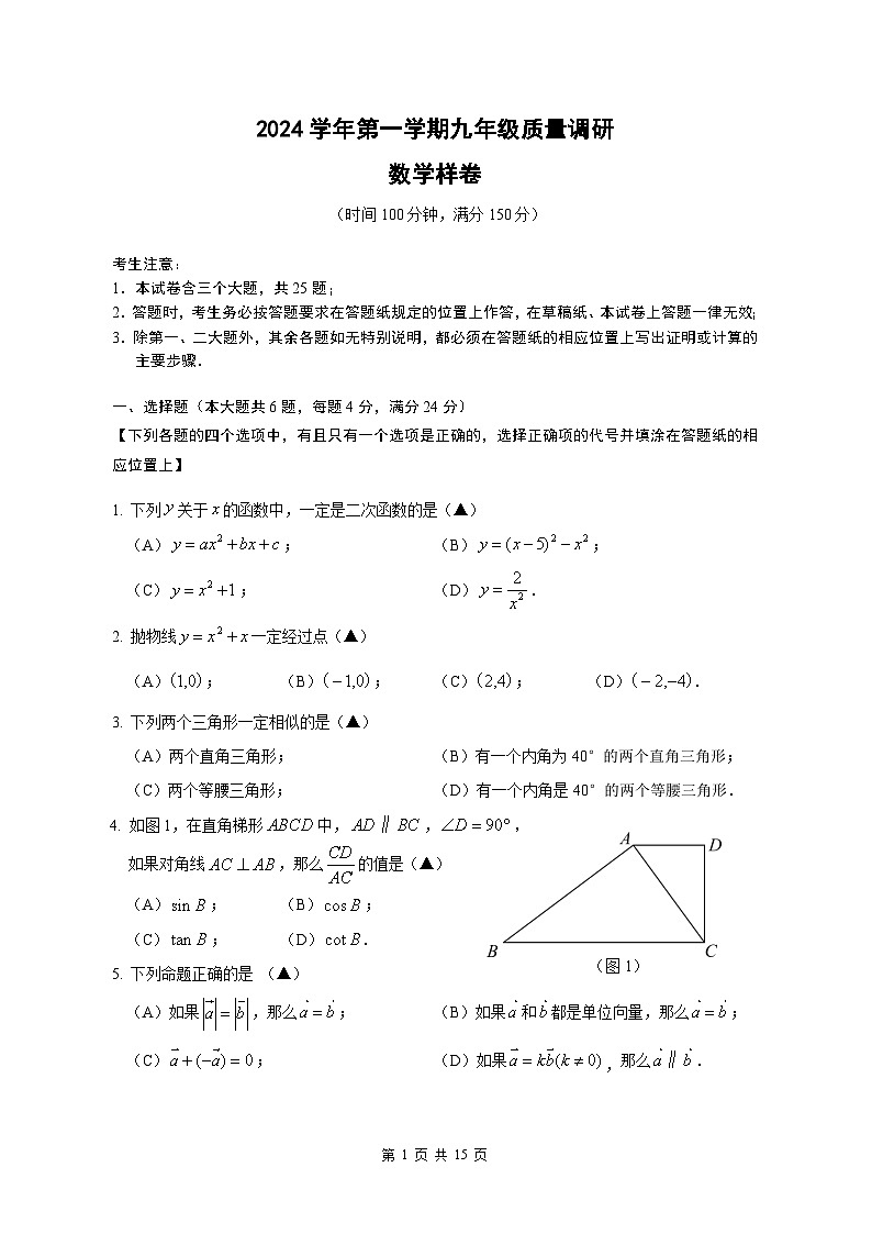 【2025年上海九年级数学一模】2025届上海市嘉定区九年级数学一模试卷与答案第1页