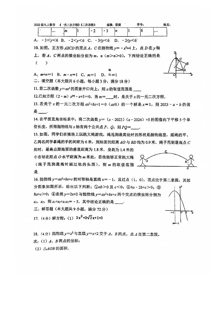 广东省广州市天河区广州天省实验学校2024-2025学年九年级数学上学期10月月考试题第2页