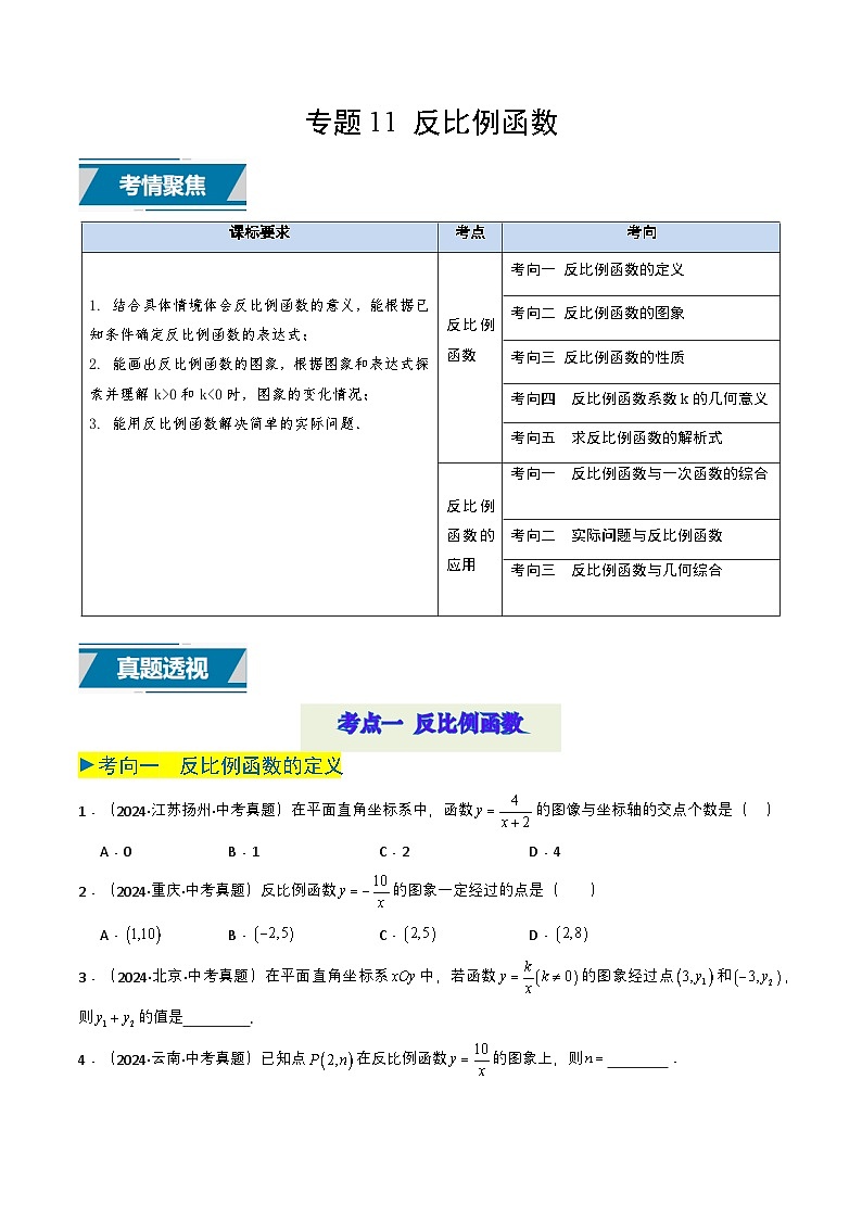 备战2025年中考数学真题题源解密（全国通用）专题11 反比例函数（原卷版）第1页