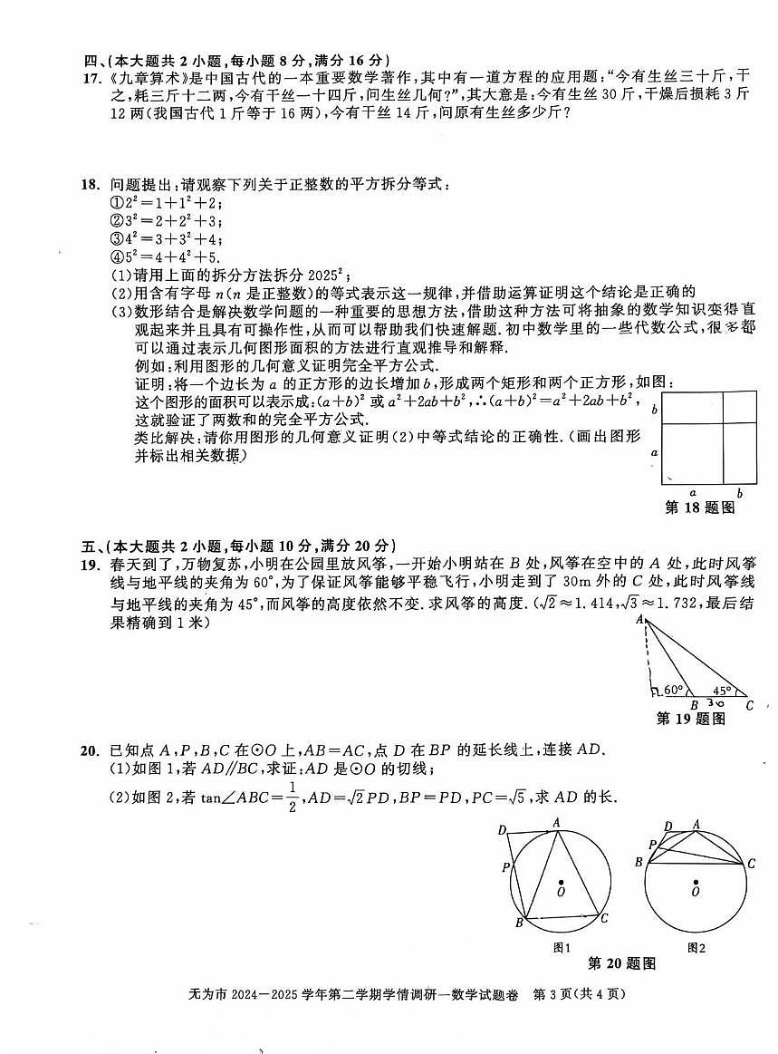 2025年安徽芜湖市无为市九年级下学期3月一模数学试题+答案第3页