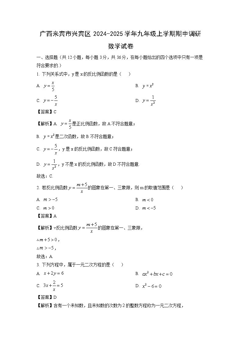 广西来宾市兴宾区2024-2025学年九年级上学期期中调研数学试卷（解析版）第1页
