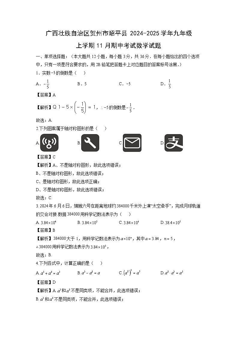 广西壮族自治区贺州市昭平县2024-2025学年九年级上学期11月期中考试数学试卷（解析版）第1页