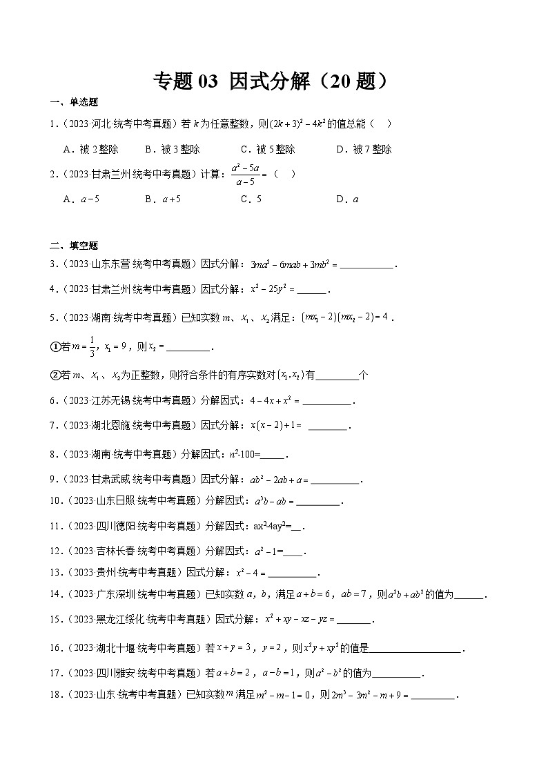 2023年全国中考数学真题分类汇编：专题03 因式分解（共20题）（原卷版）第1页