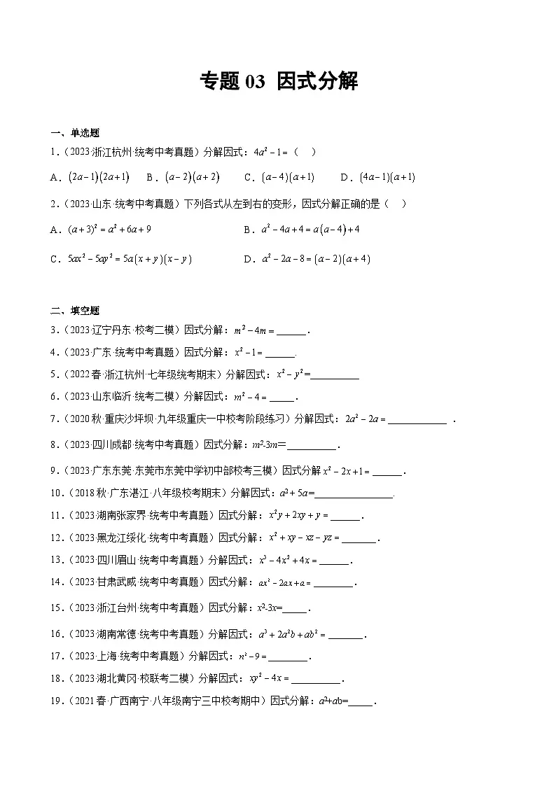 2023年全国中考数学真题分类汇编：专题03 因式分解（共31题）（原卷版）第1页