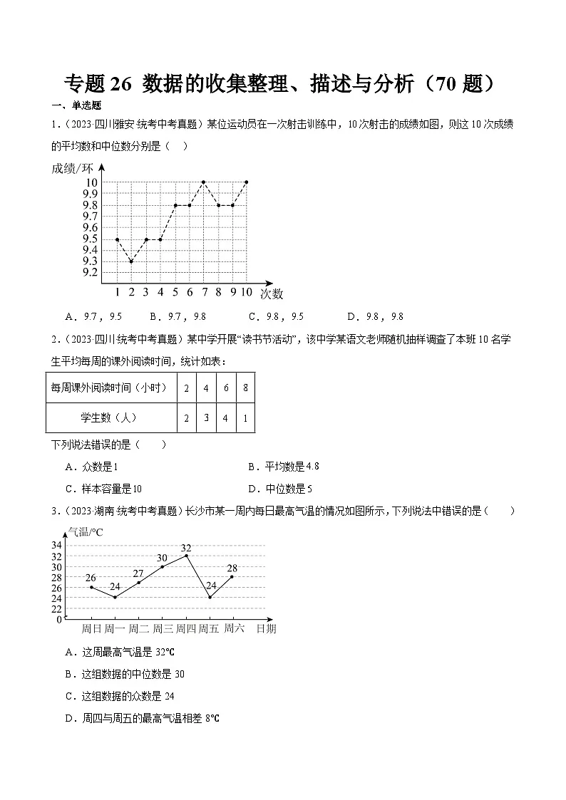 2023年全国中考数学真题分类汇编：专题26 数据的收集整理、描述与分析（共70题）（原卷版）第1页