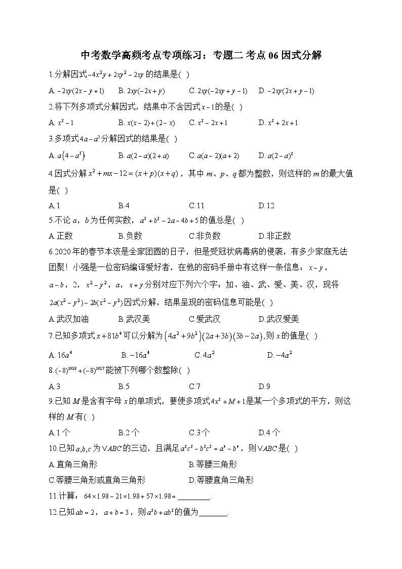中考数学高频考点专项练习：专题2 考点06 因式分解 (1)及答案第1页