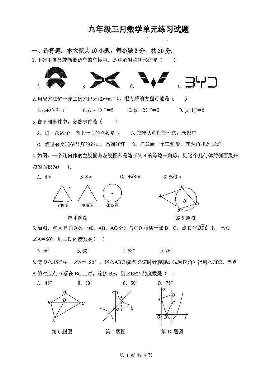 广东中山共进联盟2024-2025学年九年级下学期3月月考数学试题（含答案）第1页