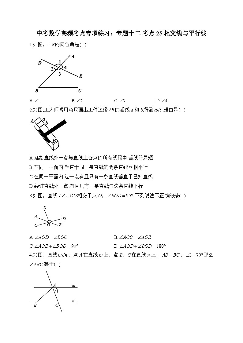 中考数学高频考点专项练习：专题12 考点25 相交线与平行线 (1)及答案第1页
