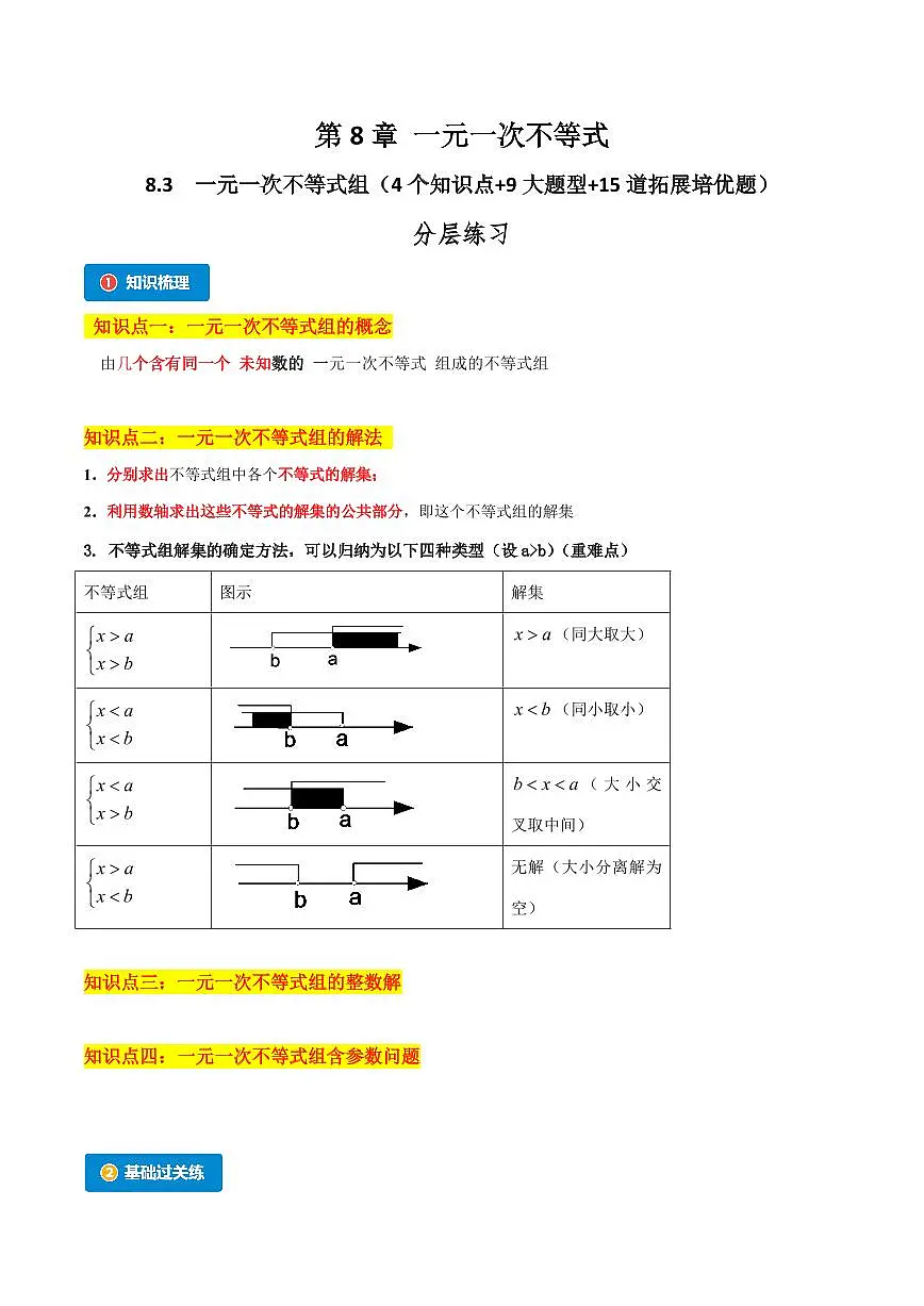 8.3 一元一次不等式组（4个知识点+9大题型+15道拓展培优题）（分层练习）（教师版） 2023-2024学年七年级数学下册同步课堂（华东师大版）第1页