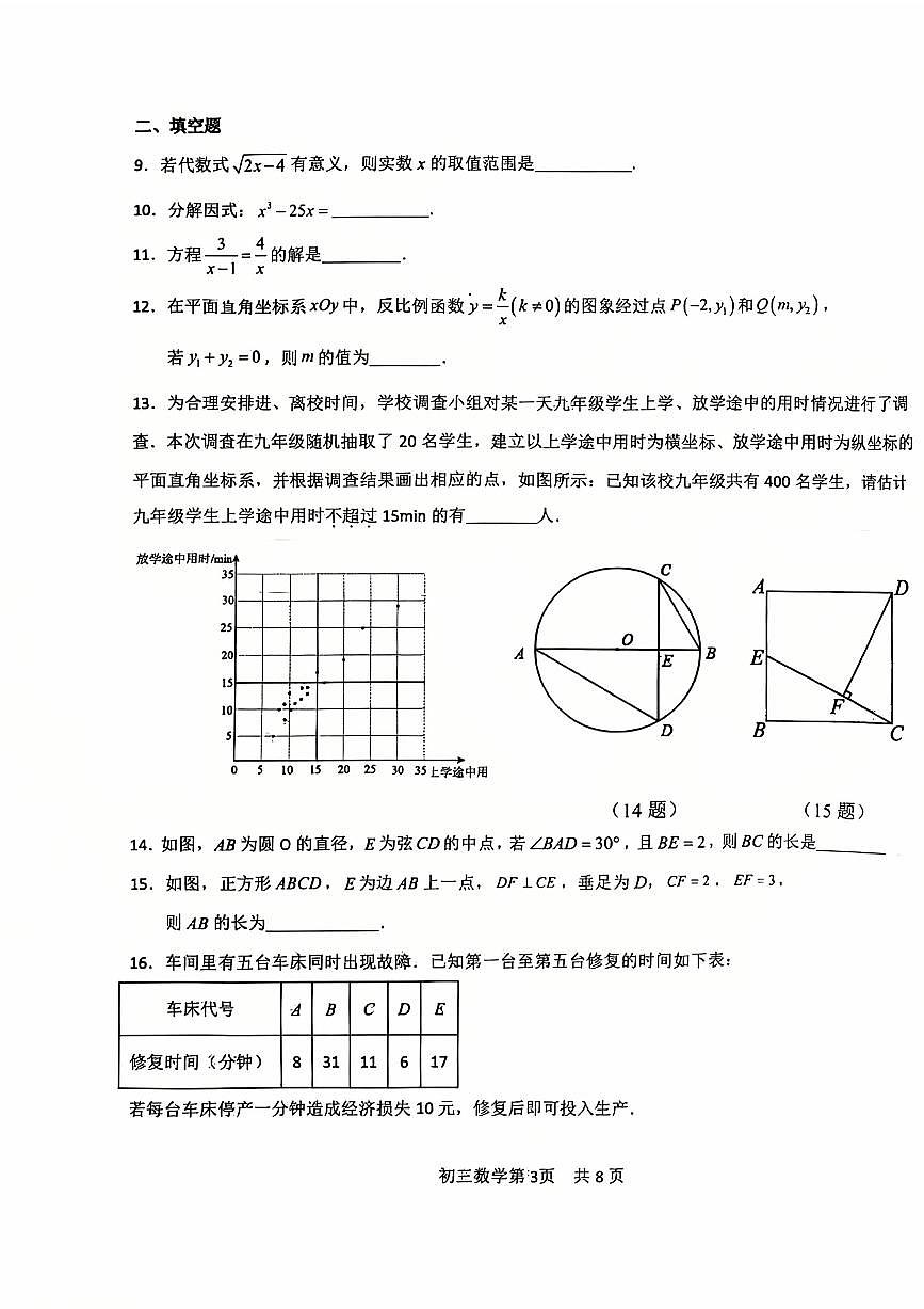 2025北京五十五中初三下3月月考数学试卷第3页