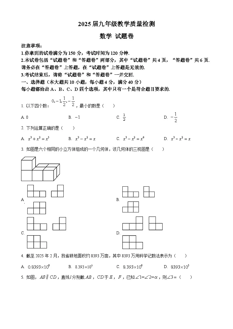 2025年安徽省阜阳市中考一模联考数学卷（原卷版+解析版）第1页