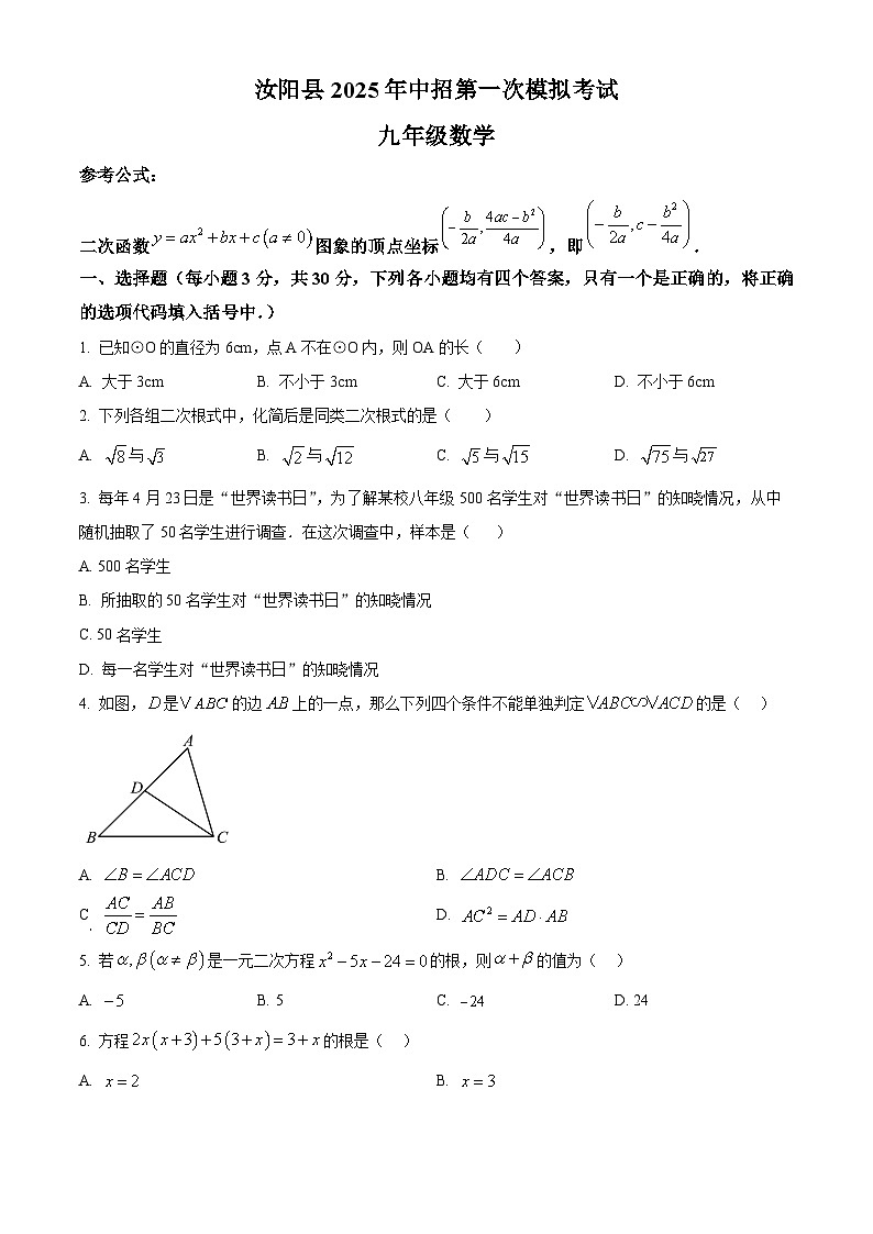 2025年河南省洛阳市汝阳县中考一模数学试题（原卷版+解析版）第1页
