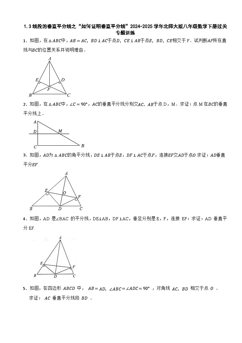 1.3线段的垂直平分线之“如何证明垂直平分线”2024-2025学年北师大版八年级数学下册过关专题训练第1页