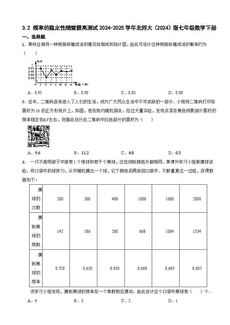 3.2 频率的稳定性随堂提高训练2024-2025学年北师大（2024）版七年级数学下册第1页
