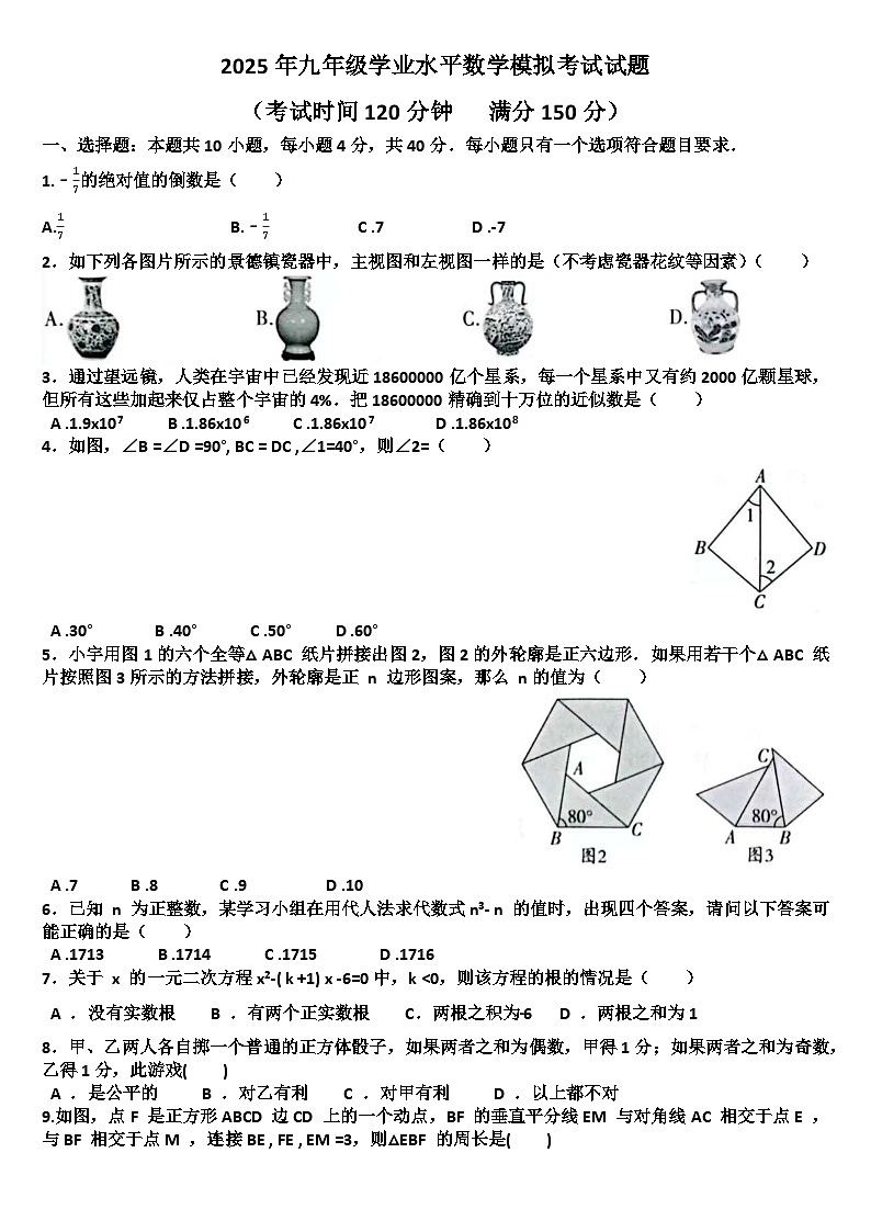 2025年九年级下学期数学模拟考试试题以及答案(适用北师大版)第1页