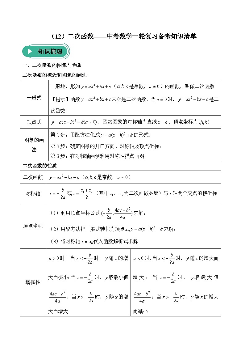 中考数学一轮复习备考知识清单12 二次函数(含答案)第1页