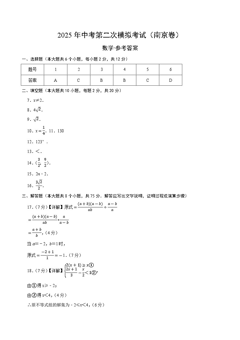 数学（南京卷）（参考答案及评分标准）第1页