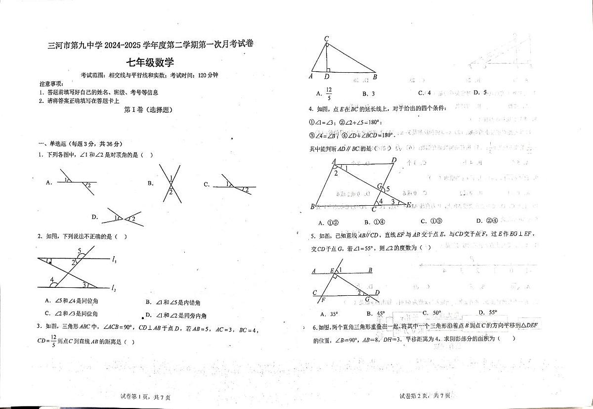 河北省廊坊市三河市第九中学2024-2025年七年级下学期数学月考试题（pdf版，无答案）第1页