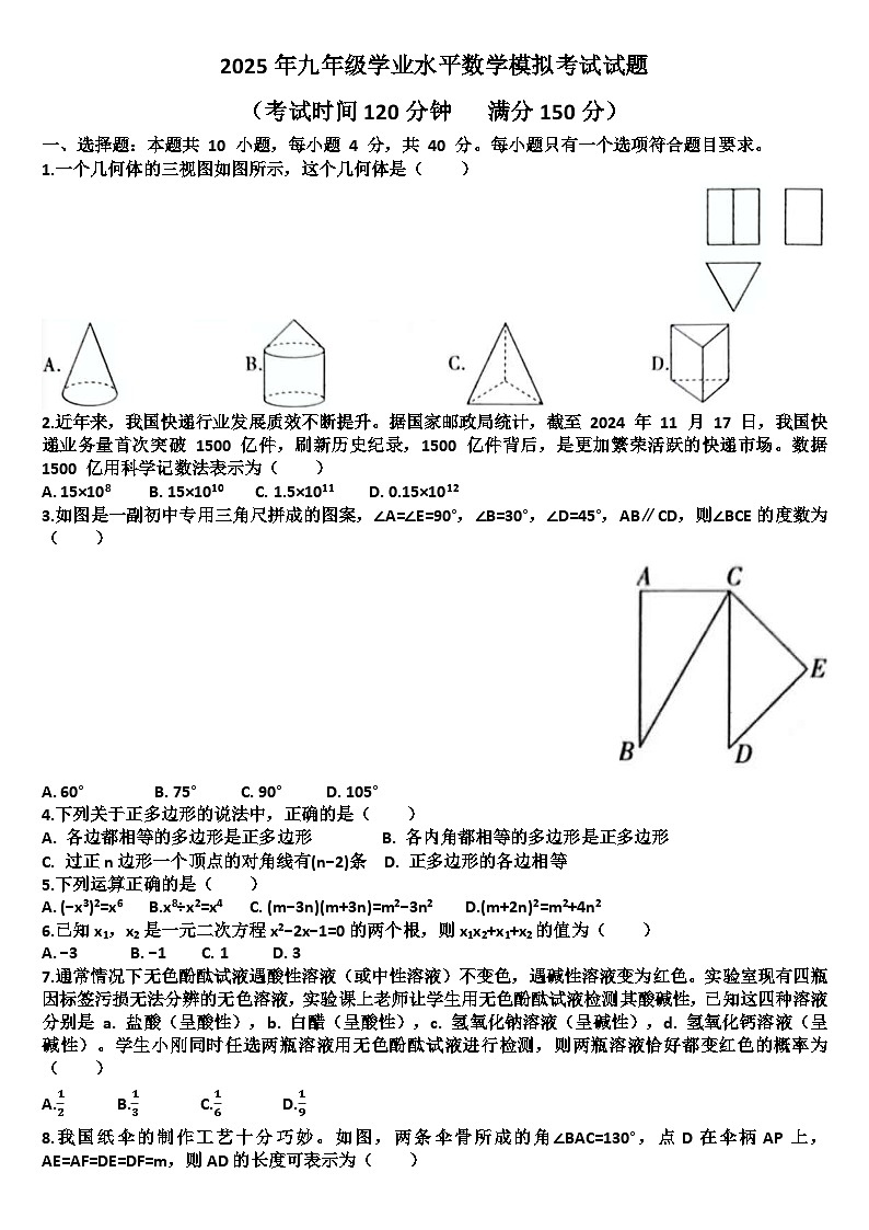 2025年九年级下学期数学模拟考试试题以及答案(适用北师大版)第1页