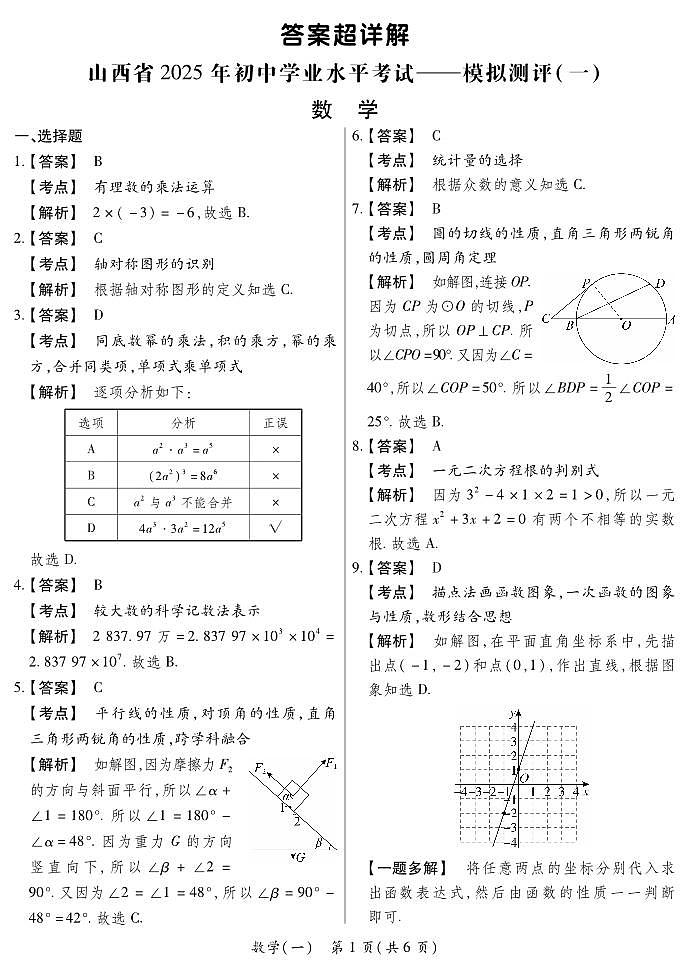 2025晋一原创测评（一）·数学答案超详解第1页