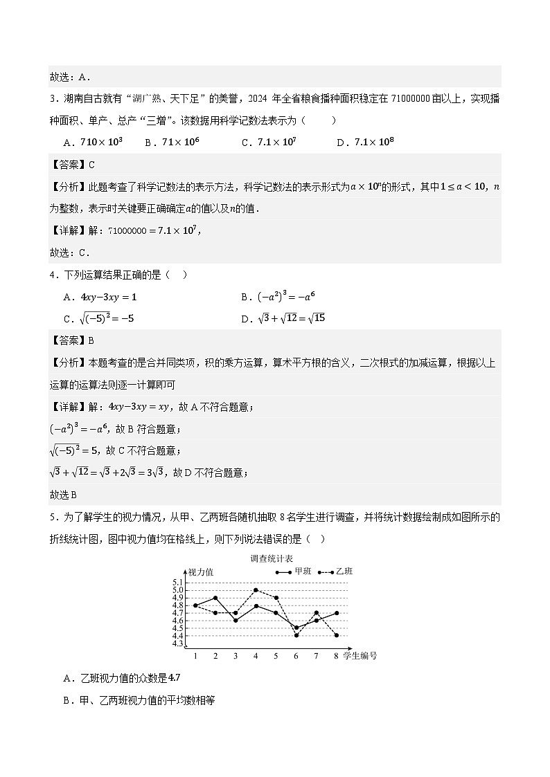 2025年中考第一次模拟考试卷：数学（长沙卷）（解析版）第2页