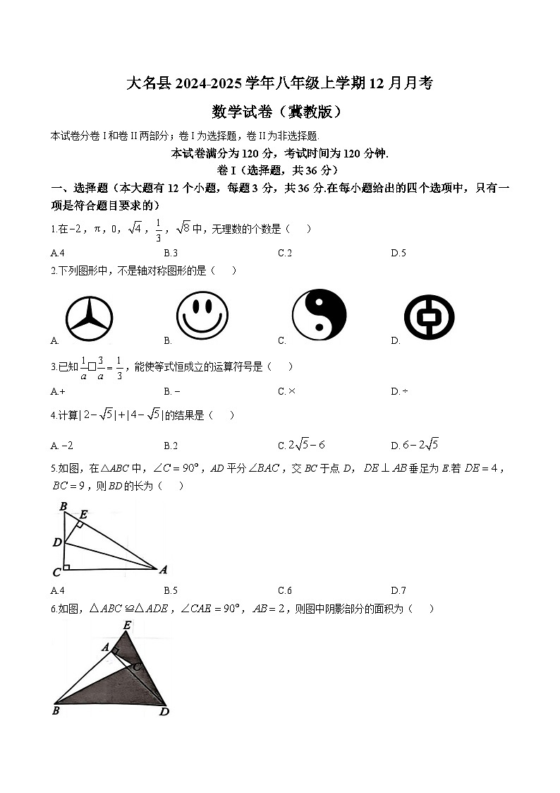 河北省邯郸市大名县2024-2025学年八年级上学期12月月考数学试卷(含答案)第1页