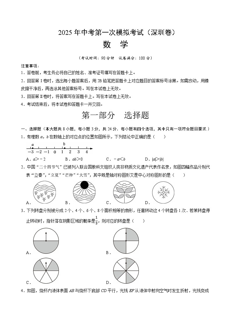 2025年中考第一次模拟考试卷：数学（深圳卷）（原卷版）第1页