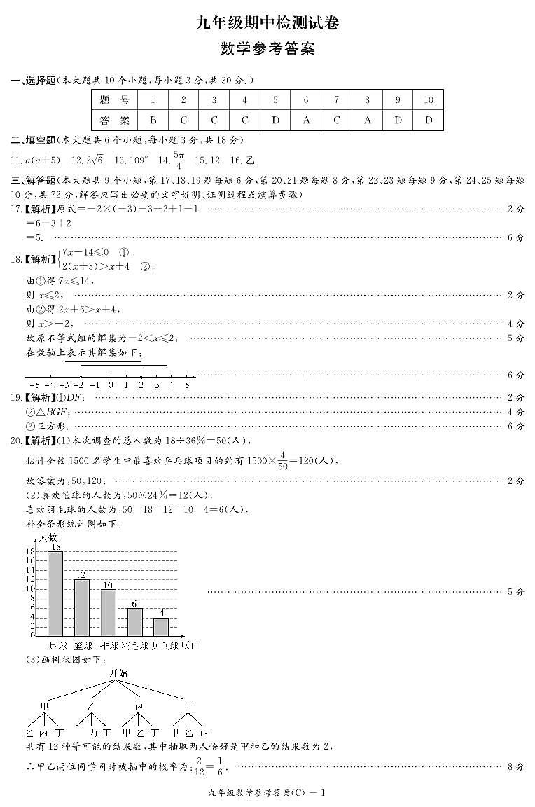 2024-2025-1 长郡教育集团九年级其中考试 数学参考答案第1页