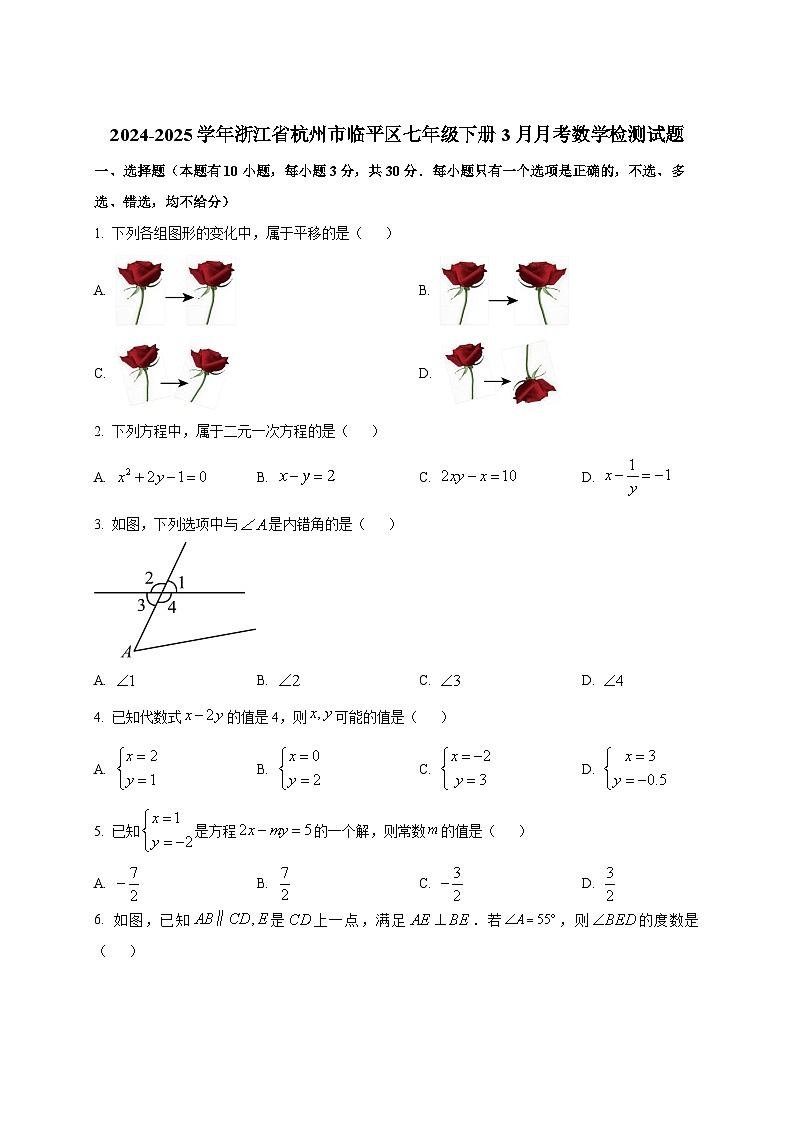 2024-2025学年浙江省杭州市临平区七年级下册3月月考数学检测试题（附答案）第1页