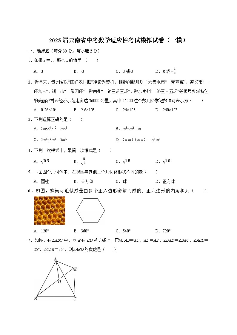 2025届云南省中考数学适应性考试模拟试卷（一模）附答案第1页