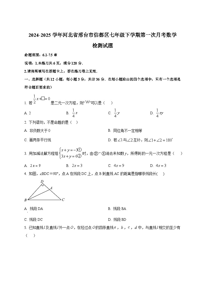 2024-2025学年河北省邢台市信都区七年级下册第一次月考数学检测试题（附答案）第1页