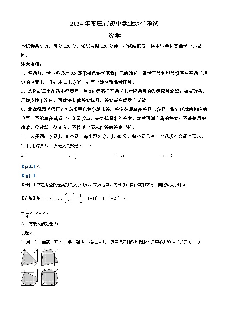 精品解析：2024年山东省枣庄市中考 数学试题（枣庄聊城临沂菏泽）（解析版）第1页