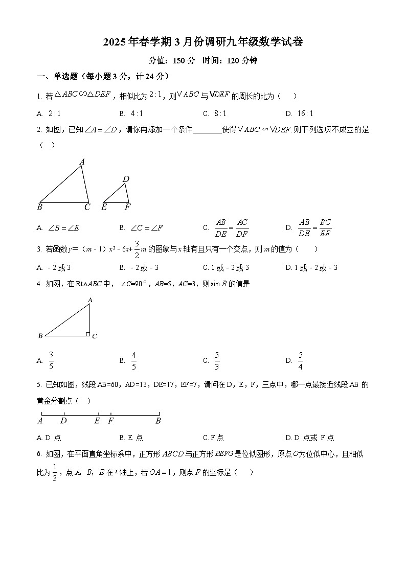江苏省淮安市金湖县2024-2025学年九年级下学期3月月考数学试题（原卷版+解析版）第1页