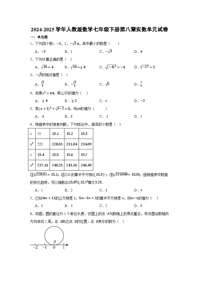 第八章 实数 单元试卷含答案-2024-2025学年人教版数学七年级下册第1页